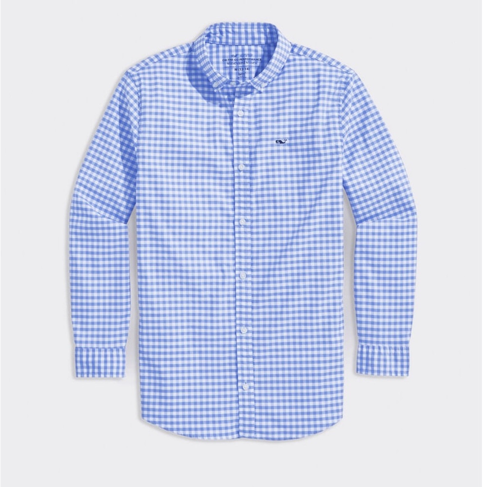 Vineyard Vines Boys’ Performance Cotton Light Blue Gingham Checkered Shirt
